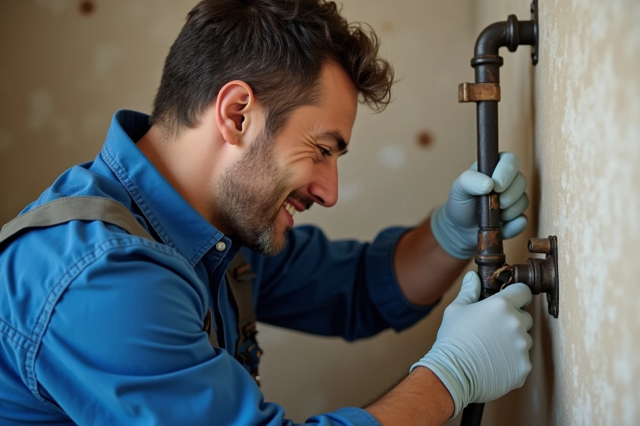Técnico reparando tubería dañada