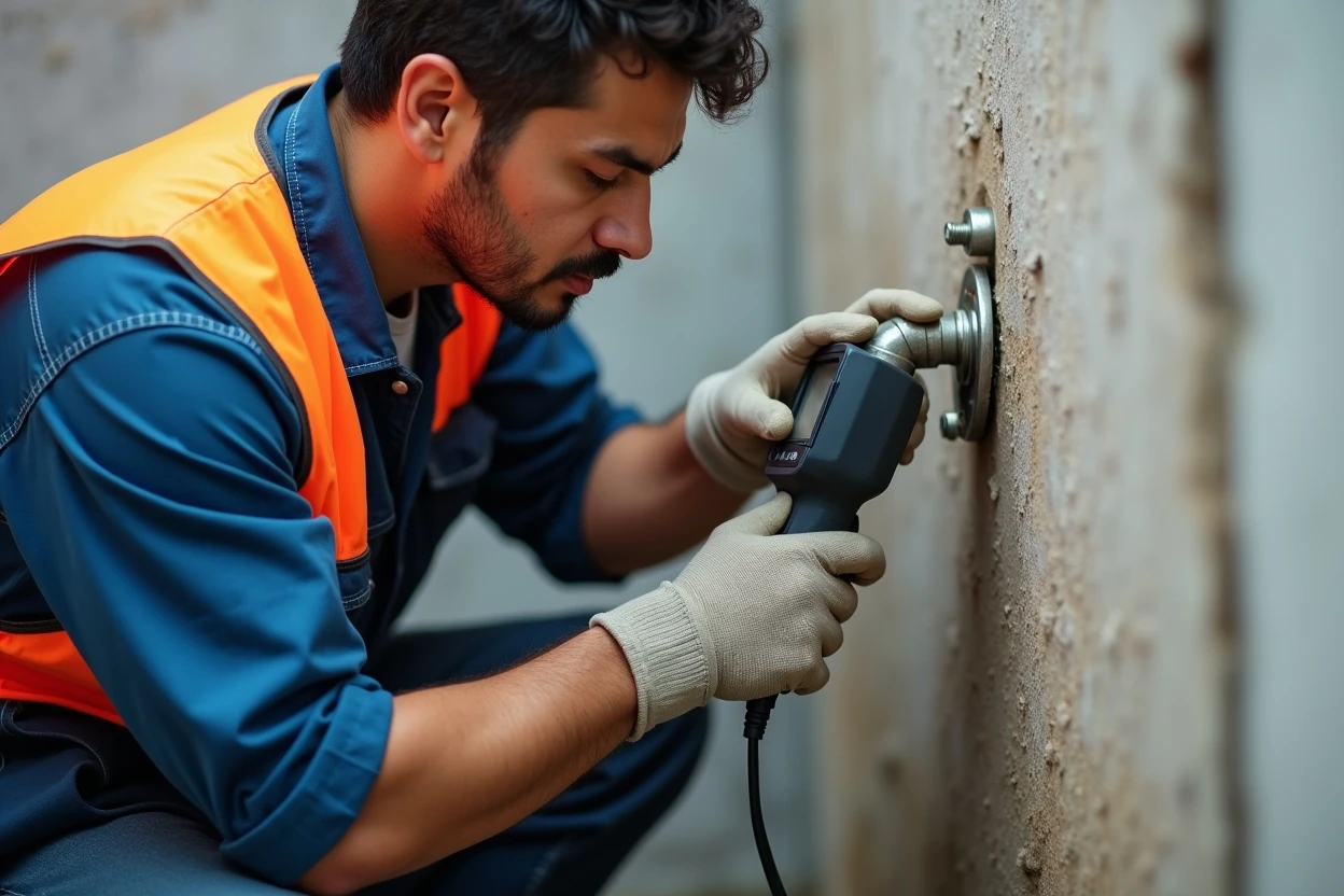 Técnico revisando tubería con detector de fugas